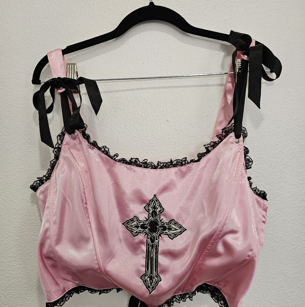 Pink & Black Cross Satin Corset Top